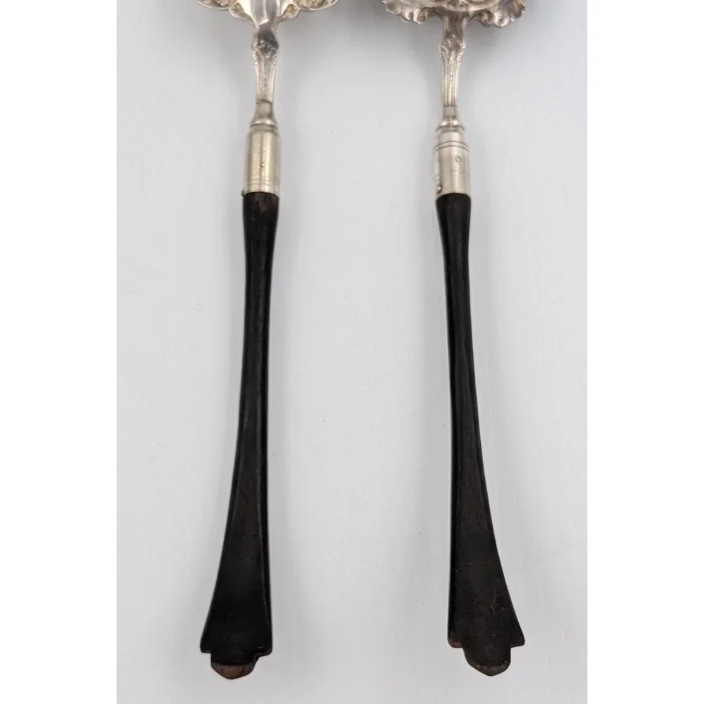 Silverplate Salad Fork & Spoon Set Ornate Vintage Wood Handles by M.B. & Co